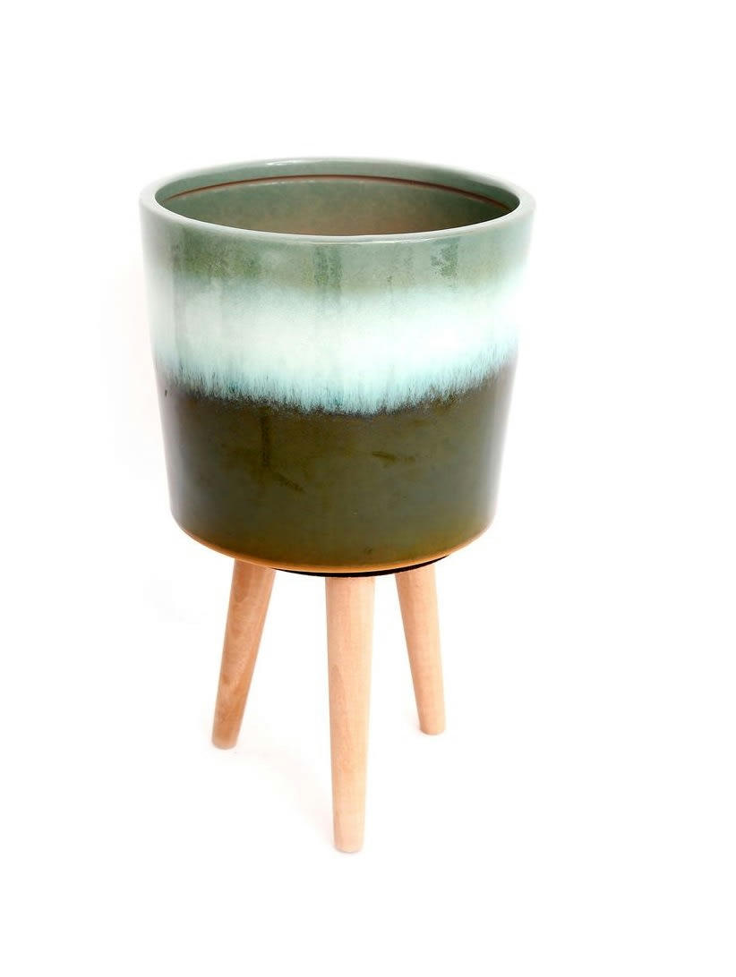 EUCALYPTUS - Cache pot en bois nature  H. 31 cm Vert