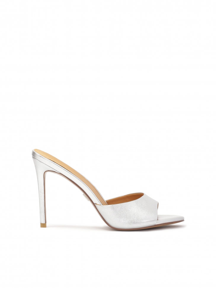Silver mules on a high stiletto heel