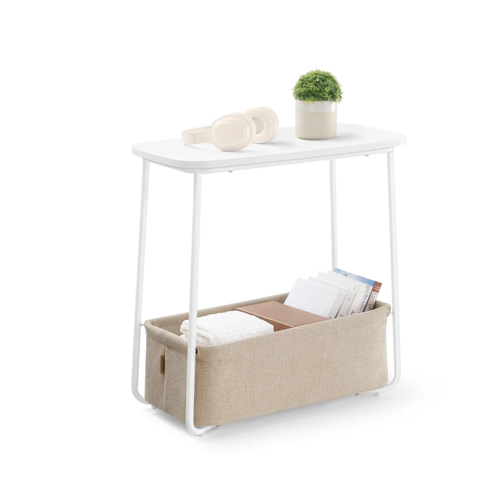 Table d’appoint avec panier en tissu blanc mat et marron