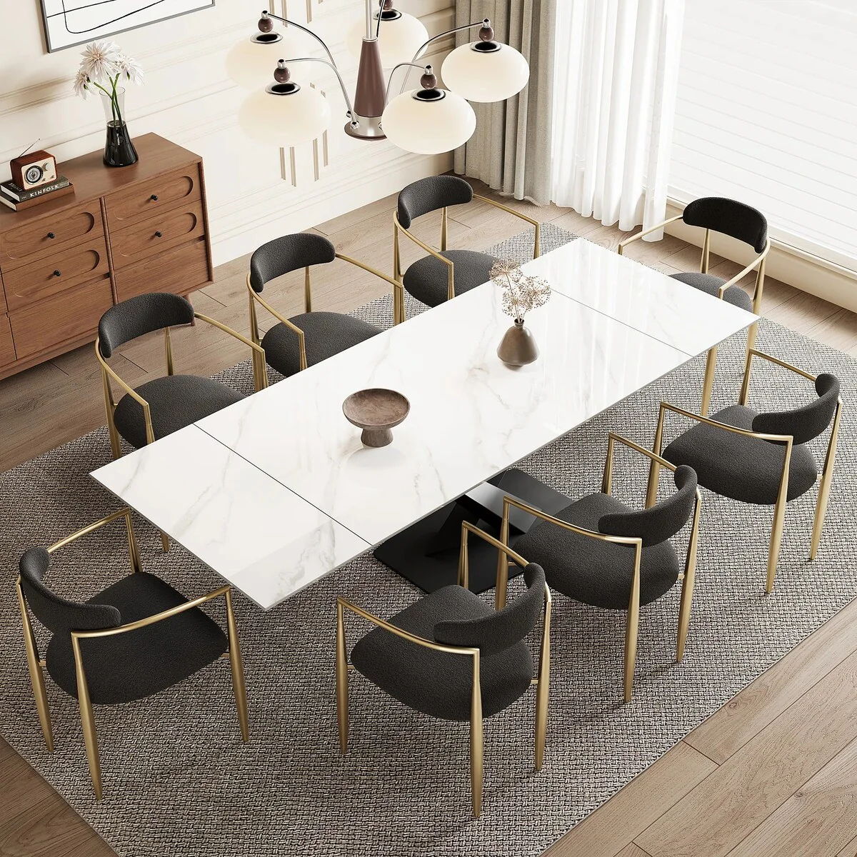 9 - Piece 94.48'' Modern Minimalist Extendable Sintered Stone Top Dining Set with 8 Fabric Chairs