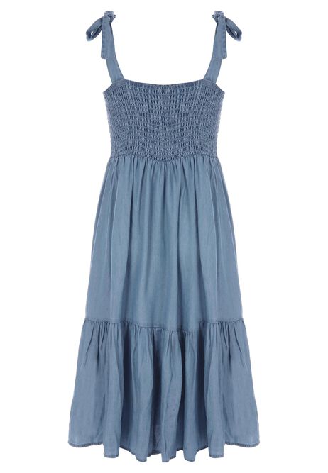 Womens Denim Look Shirred Tiered Dress