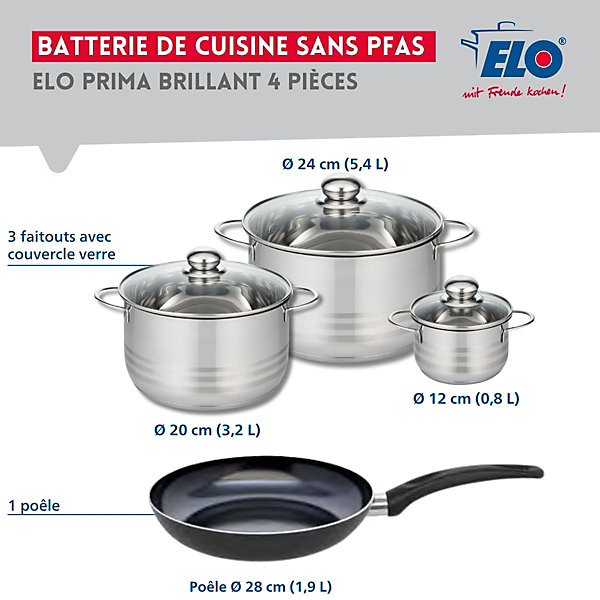 Ensemble de 1 Poêle de cuisson 28 cm et 3 faitouts 12, 20 et 24 cm Elo Prima Brillant