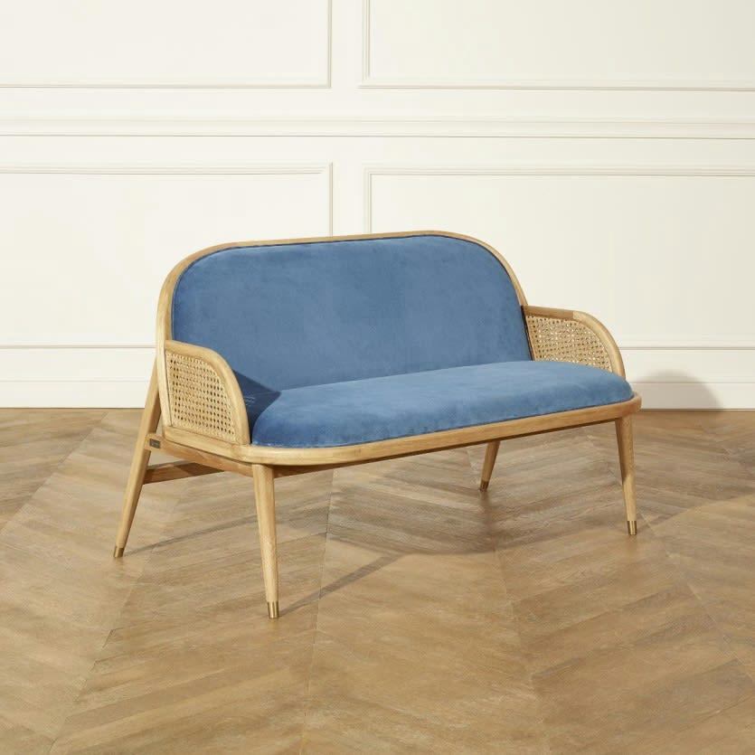 MARCEL - Banquette 2 places en chêne massif, cannage et velours bleu orage
