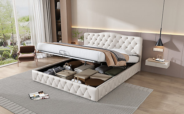 Canapé-lit 180x200 cm avec coffre et tête réglable en PU blanc, design contemporain et sommier à lattes