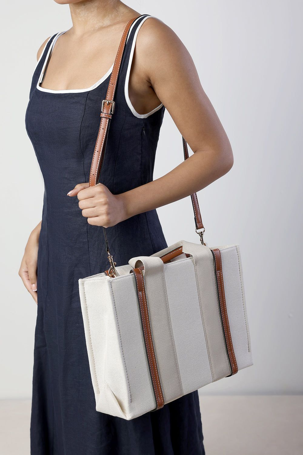 Where's That From Margaret Canvas Stripe Tote Bag in Light Brown with Cross Body Strap
