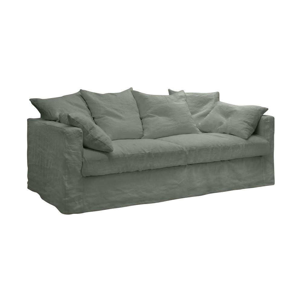 PERUGIA - Canapé 4 places fixe en tissu lin kaki - PERUGIA