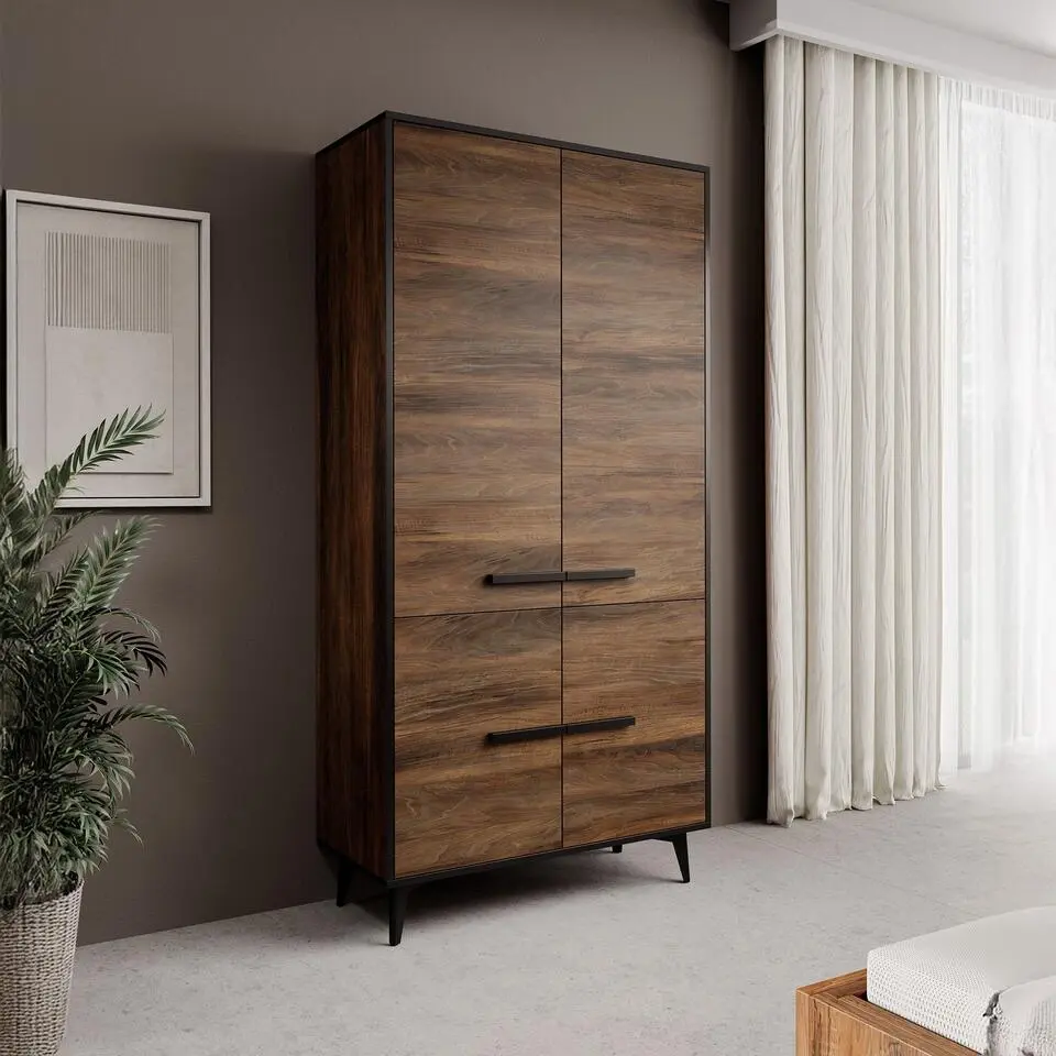 Meubella - Kledingkast Frey - Donker eiken - Zwart - 92 cm