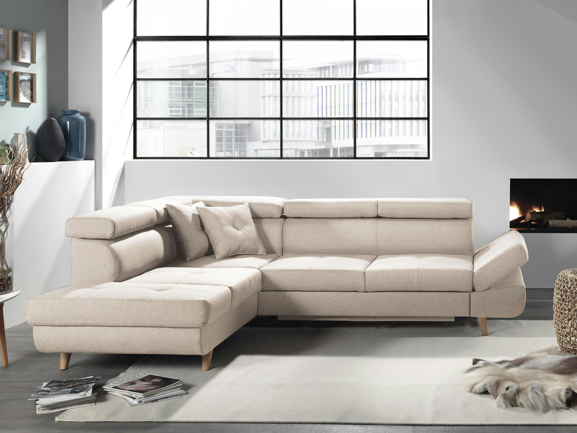 LINEA - Canapé d'angle gauche convertible 5 places en tissu beige