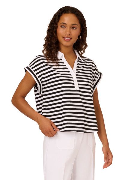 Adrianna Papell Striped Button Front Striped Cropped Knit Polo