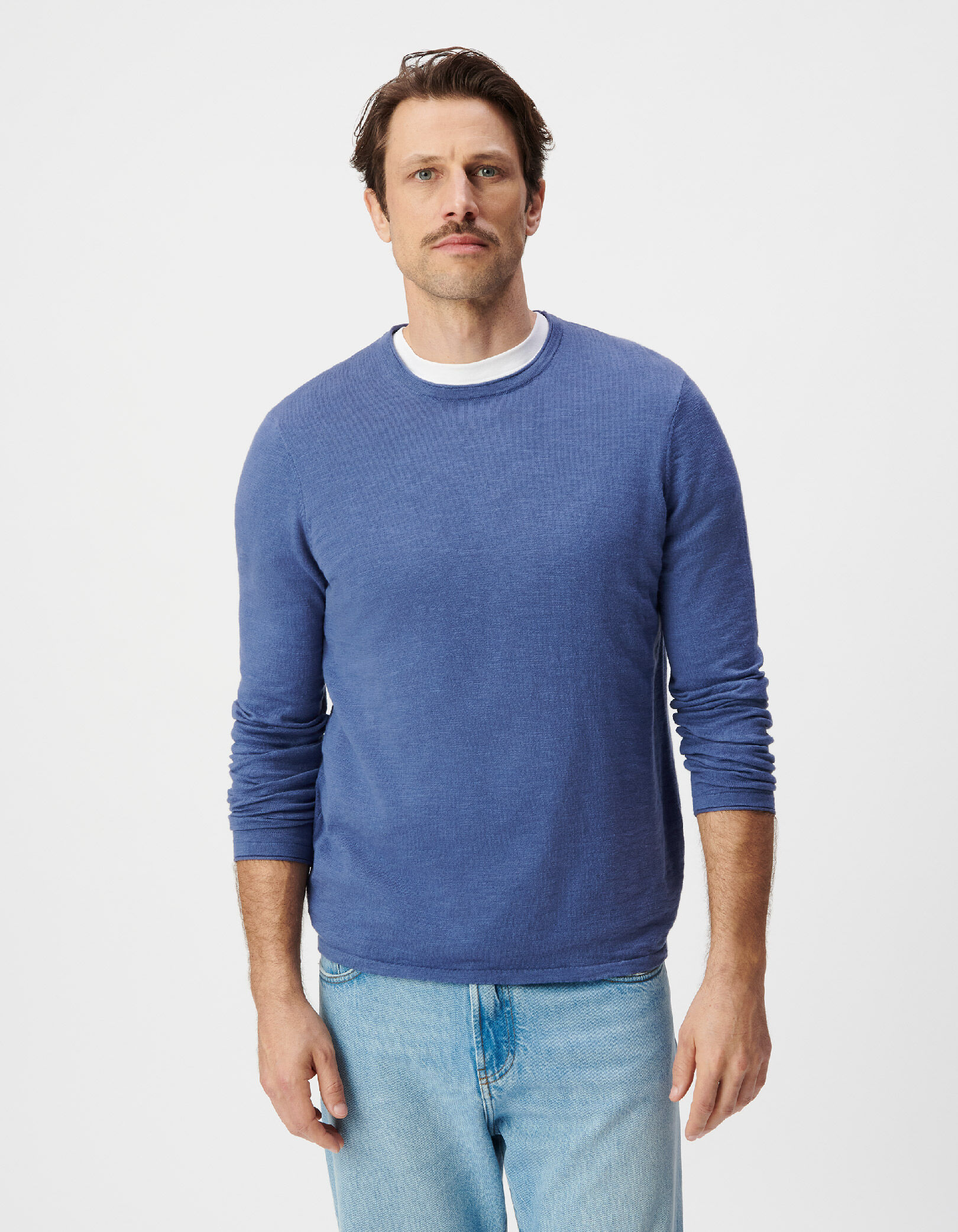 Pull bleu coton bio tricot fin flammé Homme