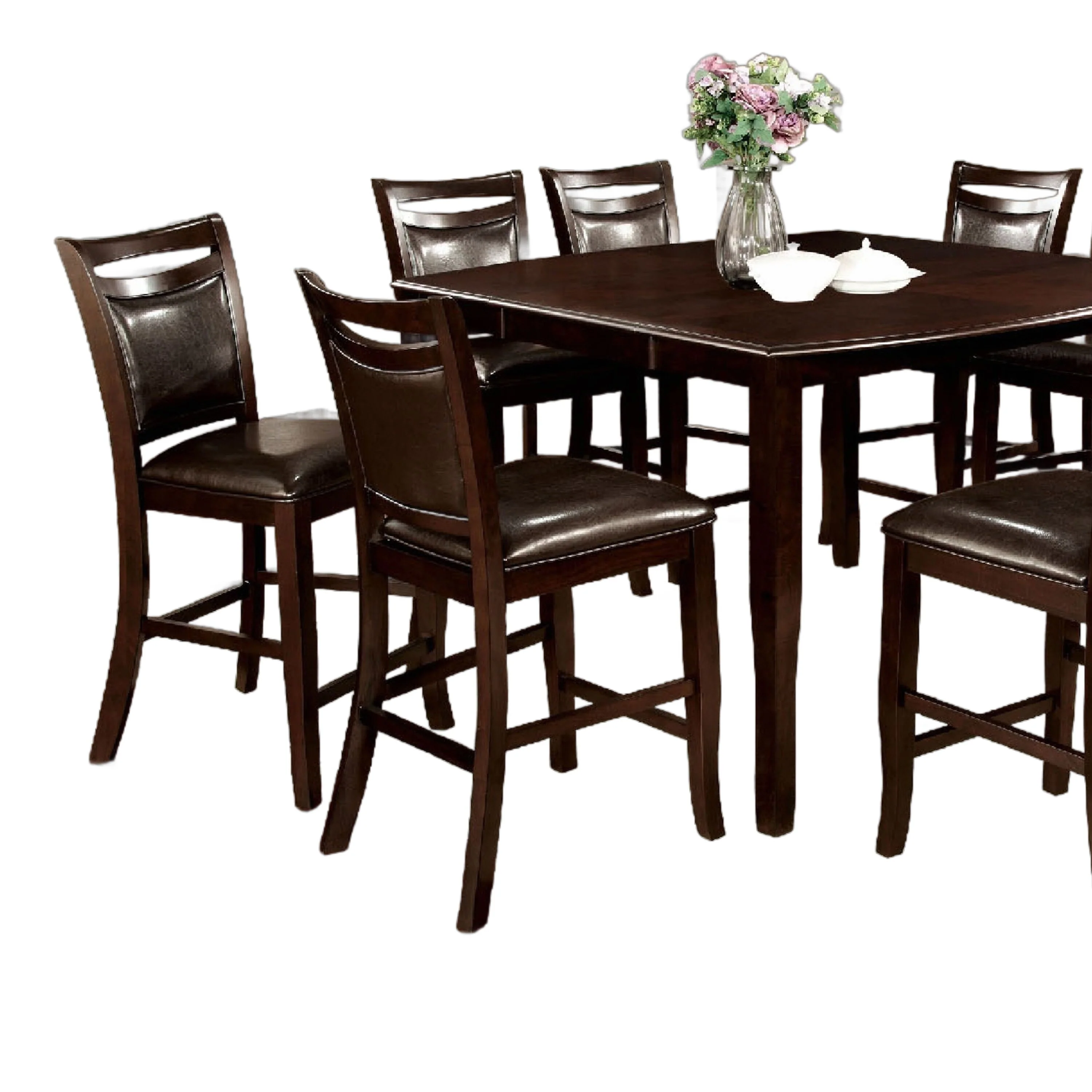 Woody 9pc Counter Height Table Set, 18-Inch Leaf, Brown Faux Leather