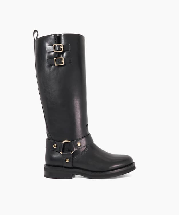Truely Black - Leather Buckle Detail Knee High Boots