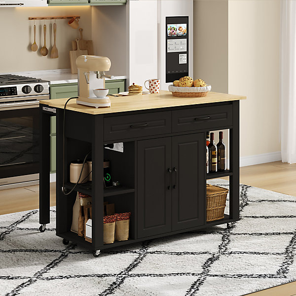 Îlot de Cuisine Buffet Roulettes - Prises AC USB, 2 Tiroirs, 2 Portes, étagères Ouvertes, MDF - 120x77x93 cm - Noir/Naturel