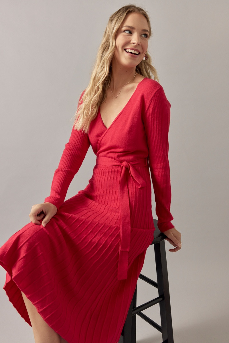 Eleanor Tie Waist Wrap Sweater Midi Dress Red