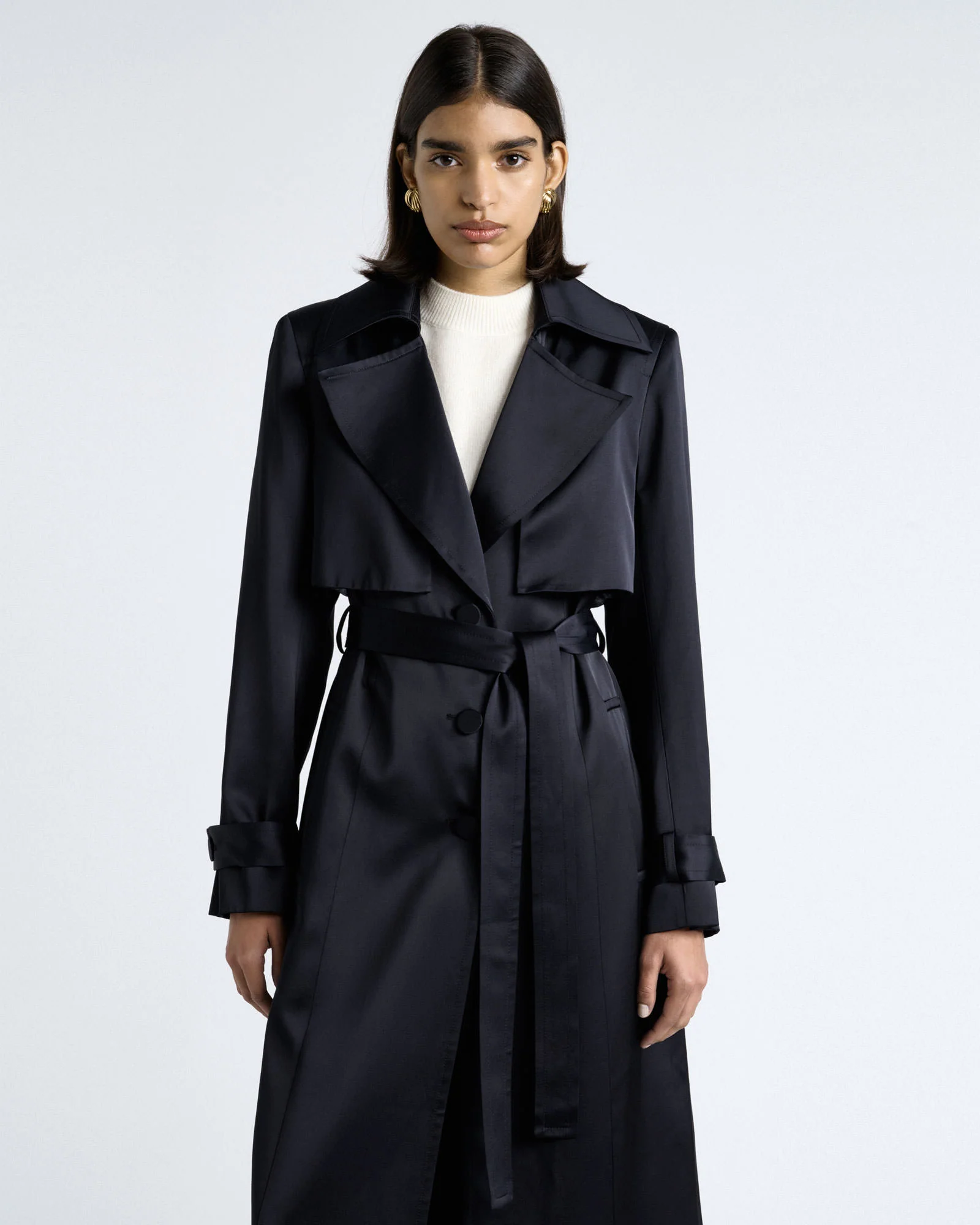 Dark Ink Matte Satin Viscose Trench
