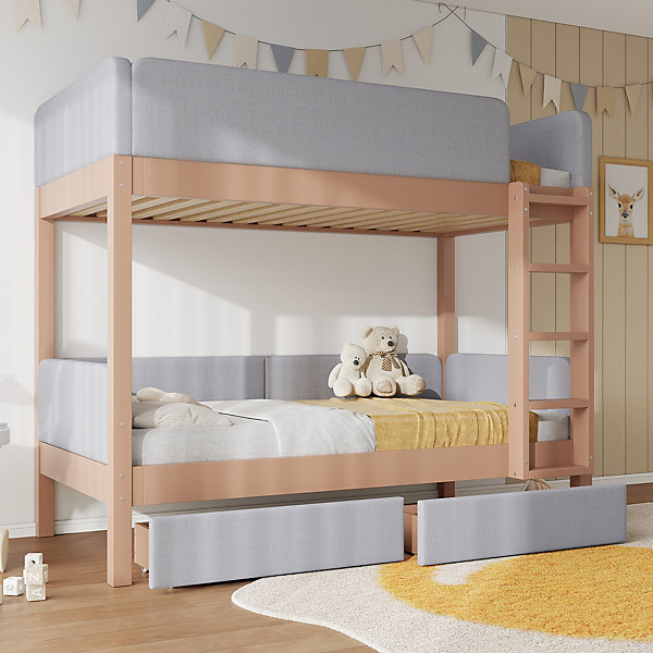 Lit superposé rembourré 90x200cm avec 2 tiroirs - éponge anti-collision - échelle à 4 marches - Naturel Gris (sans matelas)