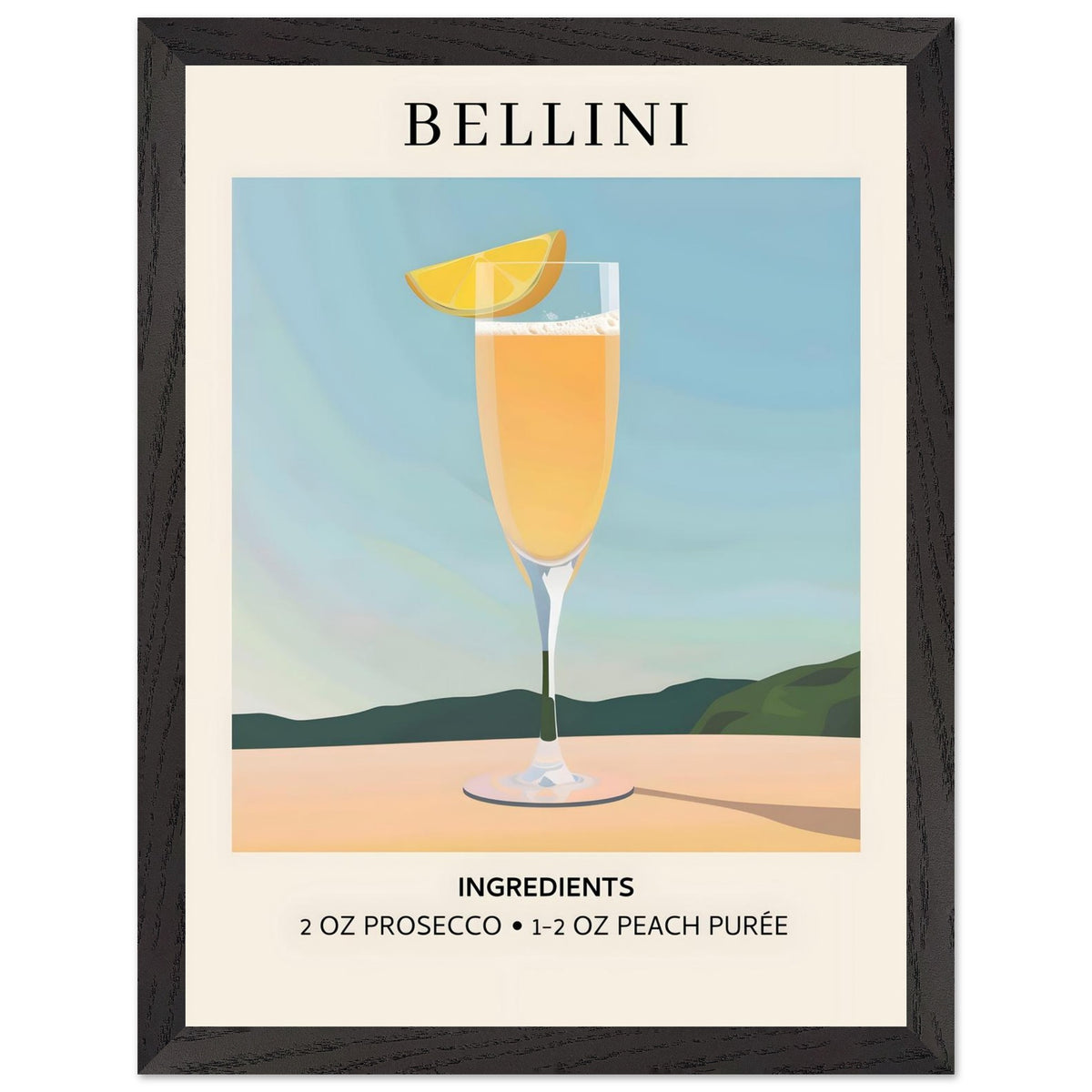 Artfulprints Poster met Lijst Bellini cocktail - Ingrediënten  - 30x40 cm - Geel