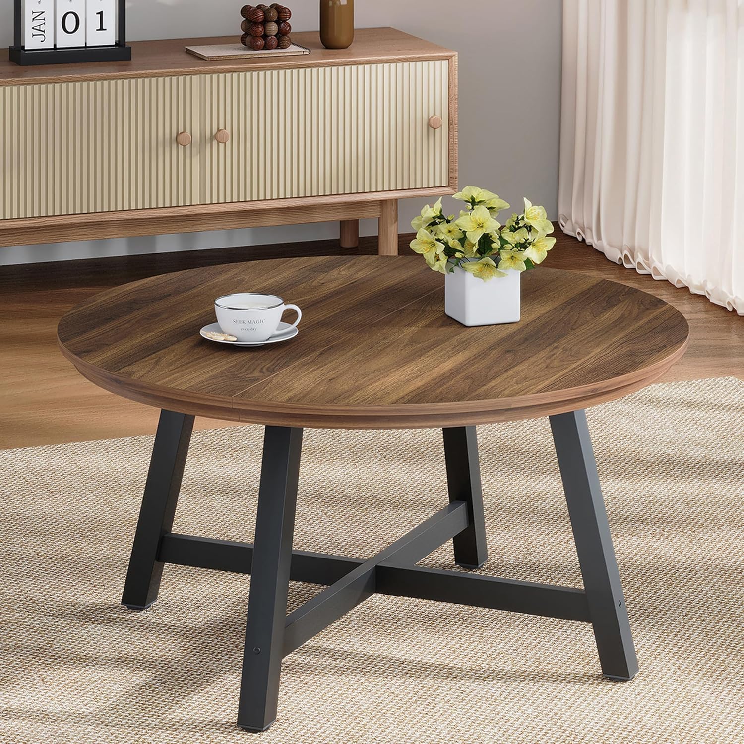 GarveeHome Round Coffee Table 36 Center Table,Large Coffee Table Industrial Accent Tables with Adjustable Feet, Living Room Tables with Thickened Legs and Designed Wood Grain, Easy Assemble