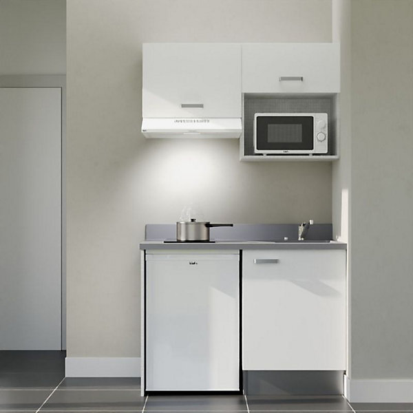 Kitchenette K02 - 120 cm - façades Blanc - Plan monobloc en quartz coloris Cromo évier à droite - Electroménager Blanc
