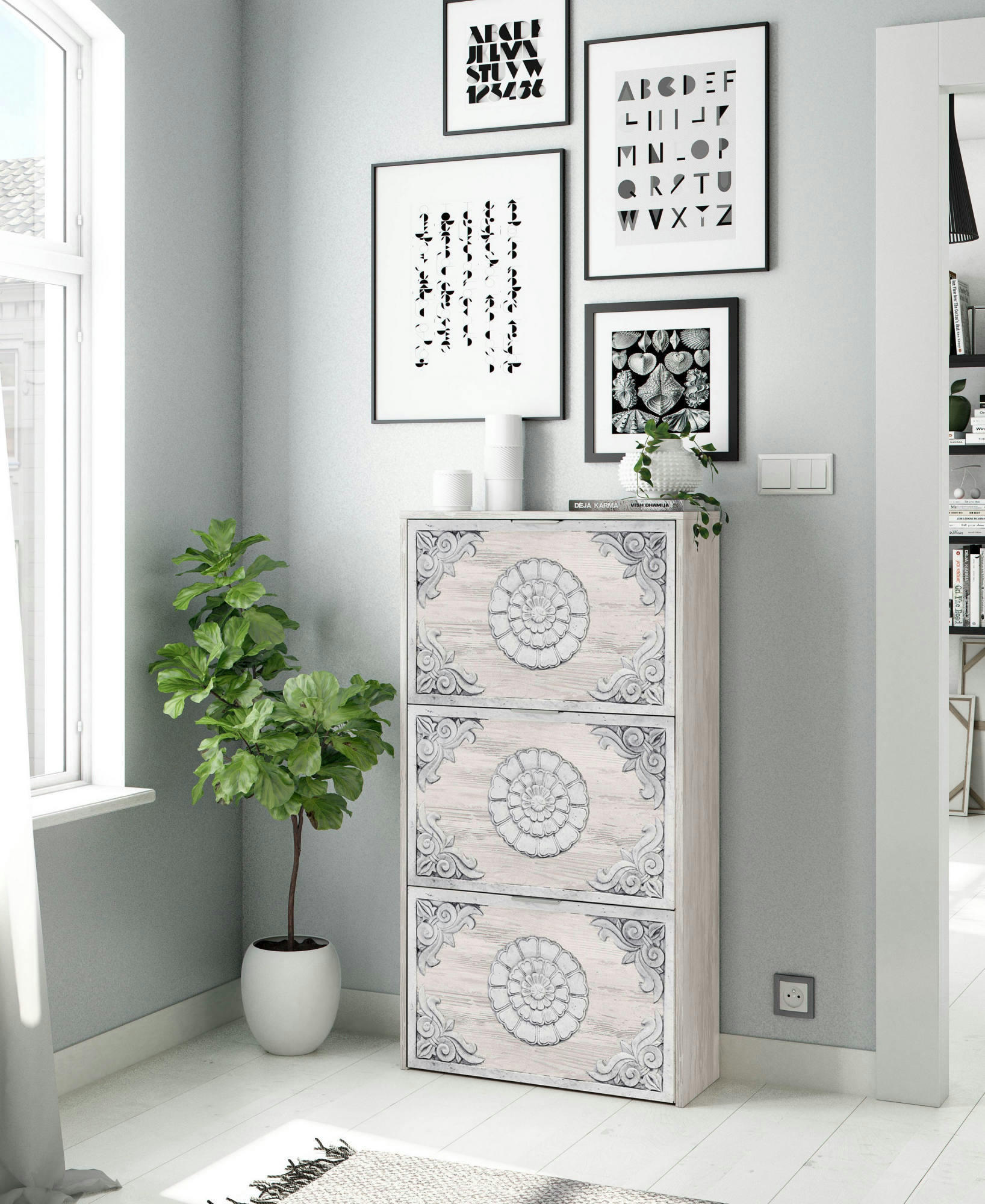 ESCONDIDO - Meuble à chaussures avec 3 portes pliantes effet bois blanc antique