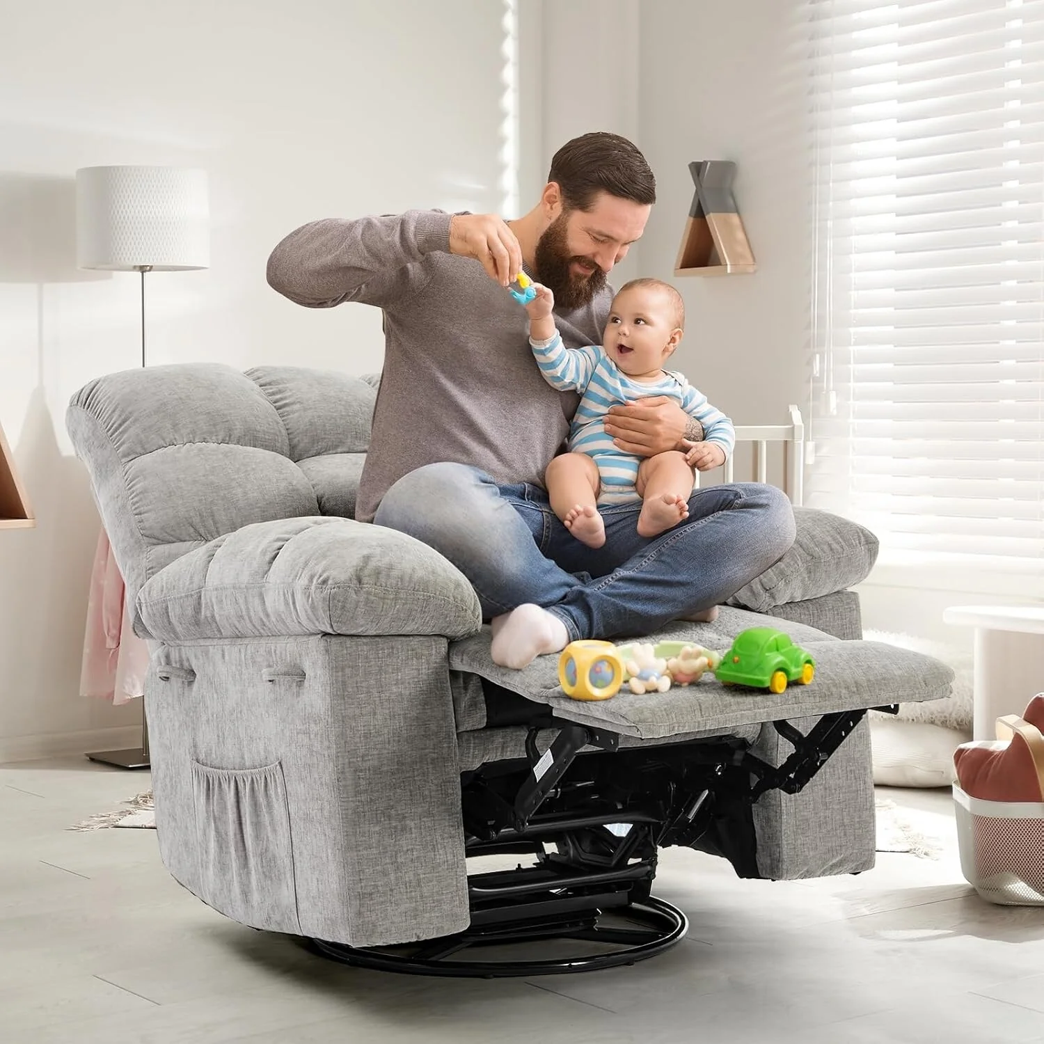 Rocking Recliner Chair, 360° Swivel Rocker Chair for Living Room, Upholstered Fabric Glider Nursery Chair with Side