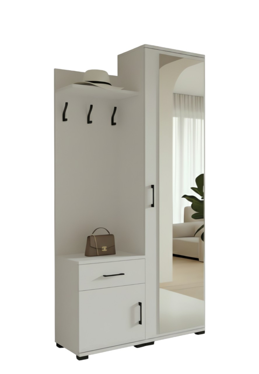 Garderoba 90cm / Szafka na Buty z Wieszakami i Lustrem | 90x190cm | BIAŁA