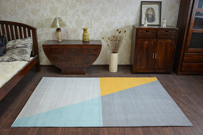 Dywan SCANDI 18487/572 - TRAPEZ TRAPEZY szary złoty turkus 80x150 cm