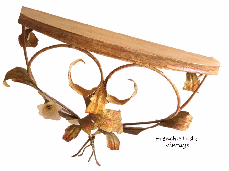 Vintage Metal Wall Shelf, Italian Florentine Style, Glass Flower Decor