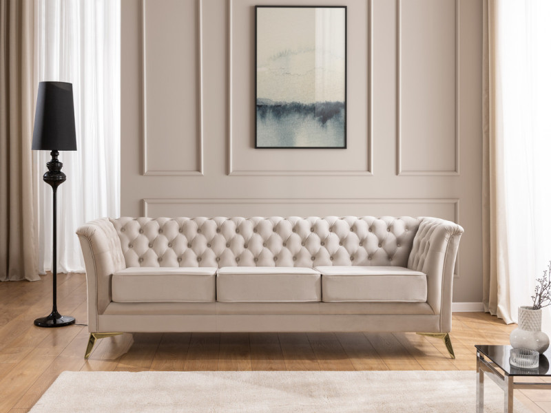 Ropez Chesterfield Derby Bis sofa 3 pikowana wysokie nóżki welur kremowy
