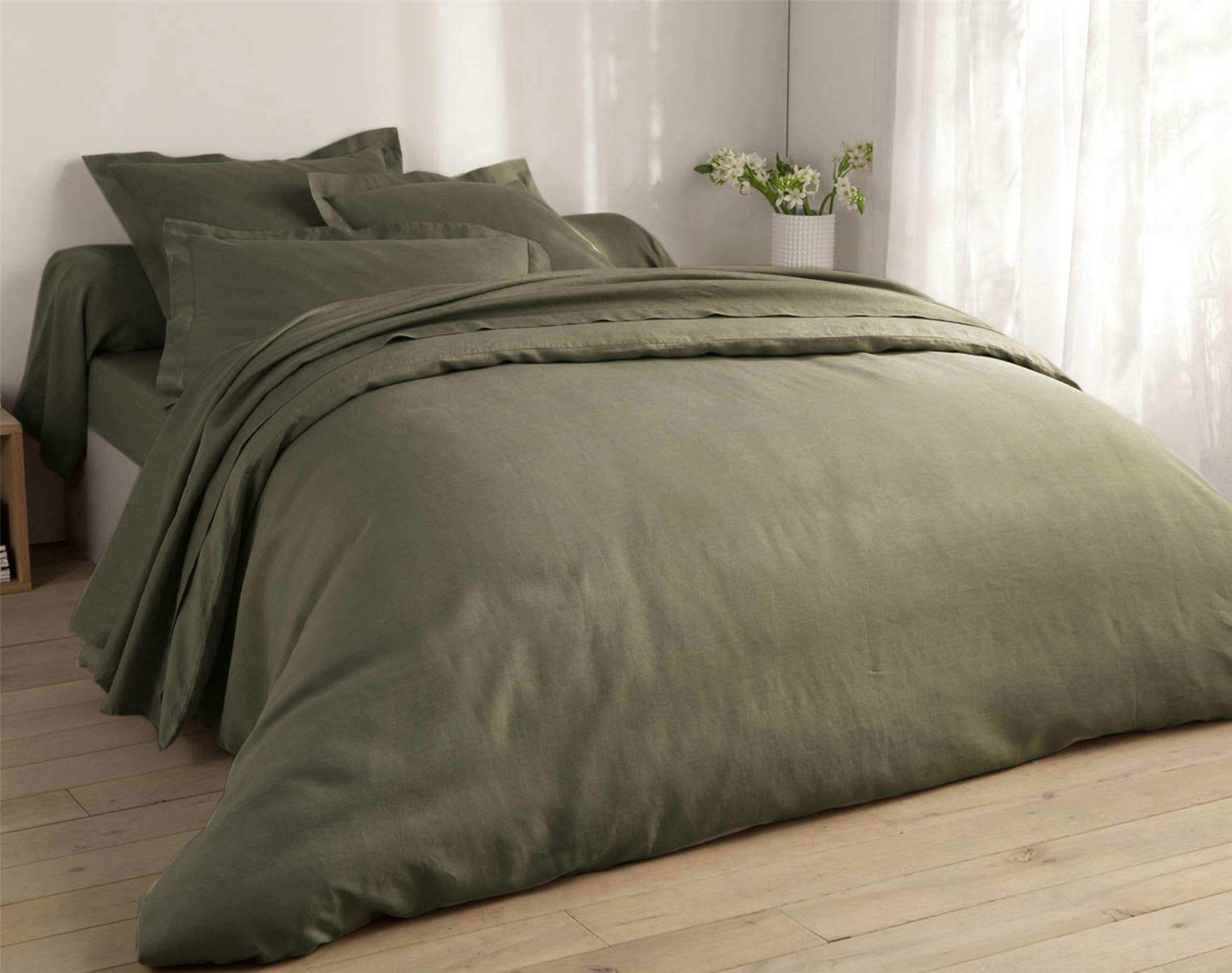 GAMME UNIE LIN PRÉLAVÉ - Drap-housse 140x200x28 vert kaki en lin