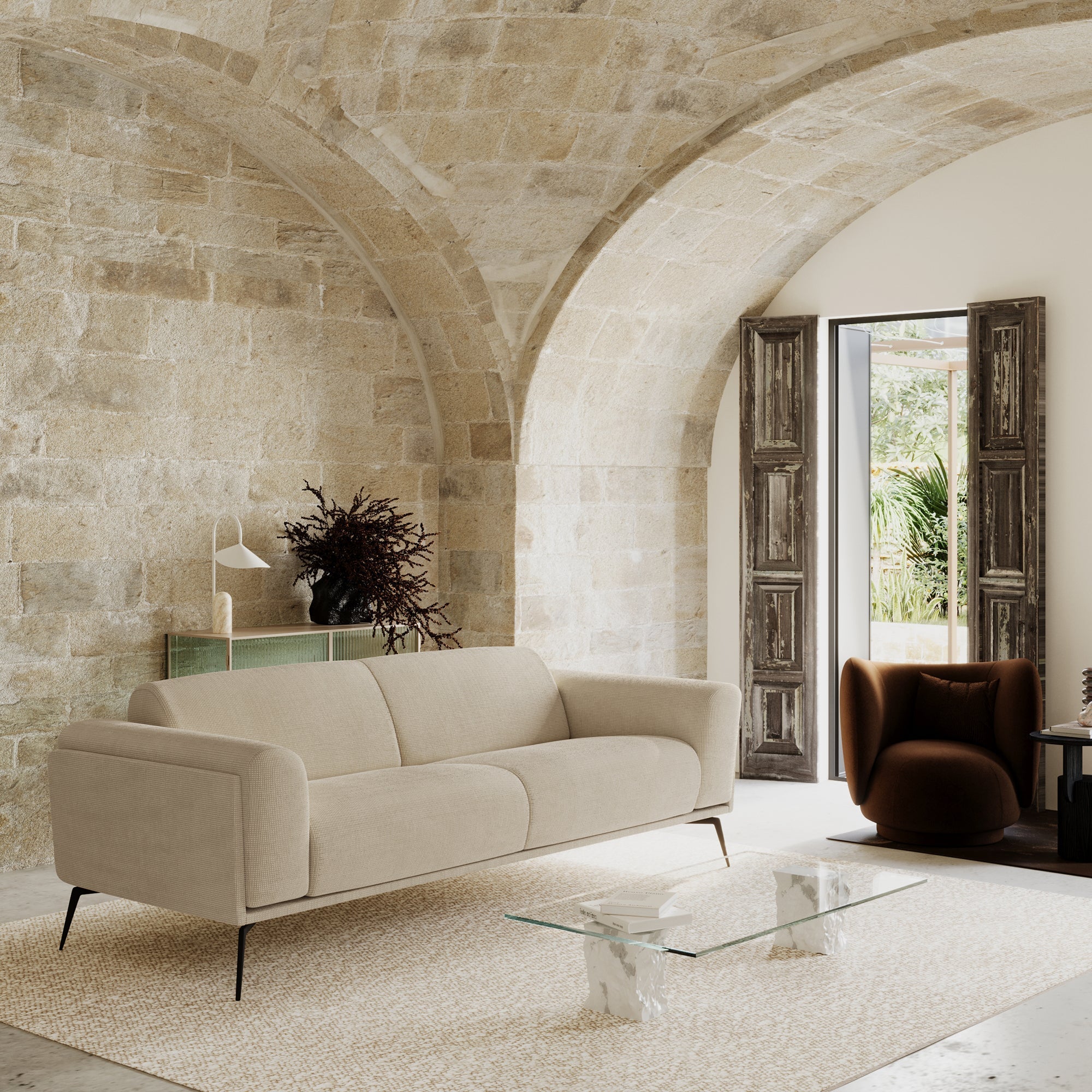 Rechte bank SWANN 3 personen Geweven stof Beige