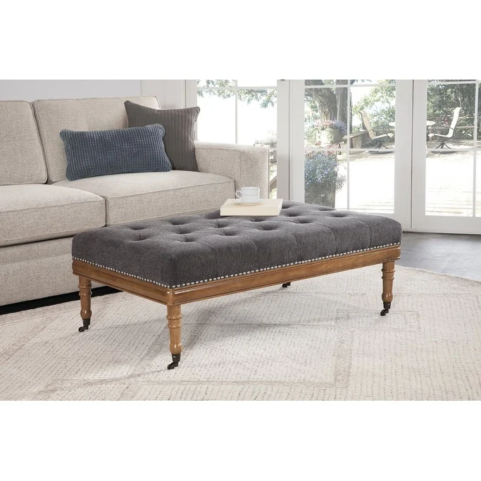 Grafton Home Woodland Upholstered Diamond Tufted Ottoman with Nail Trim and Casters