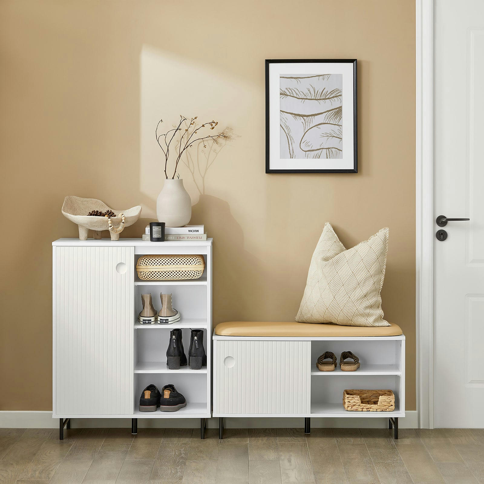 - Meuble de rangement effet bois blanc avec ports