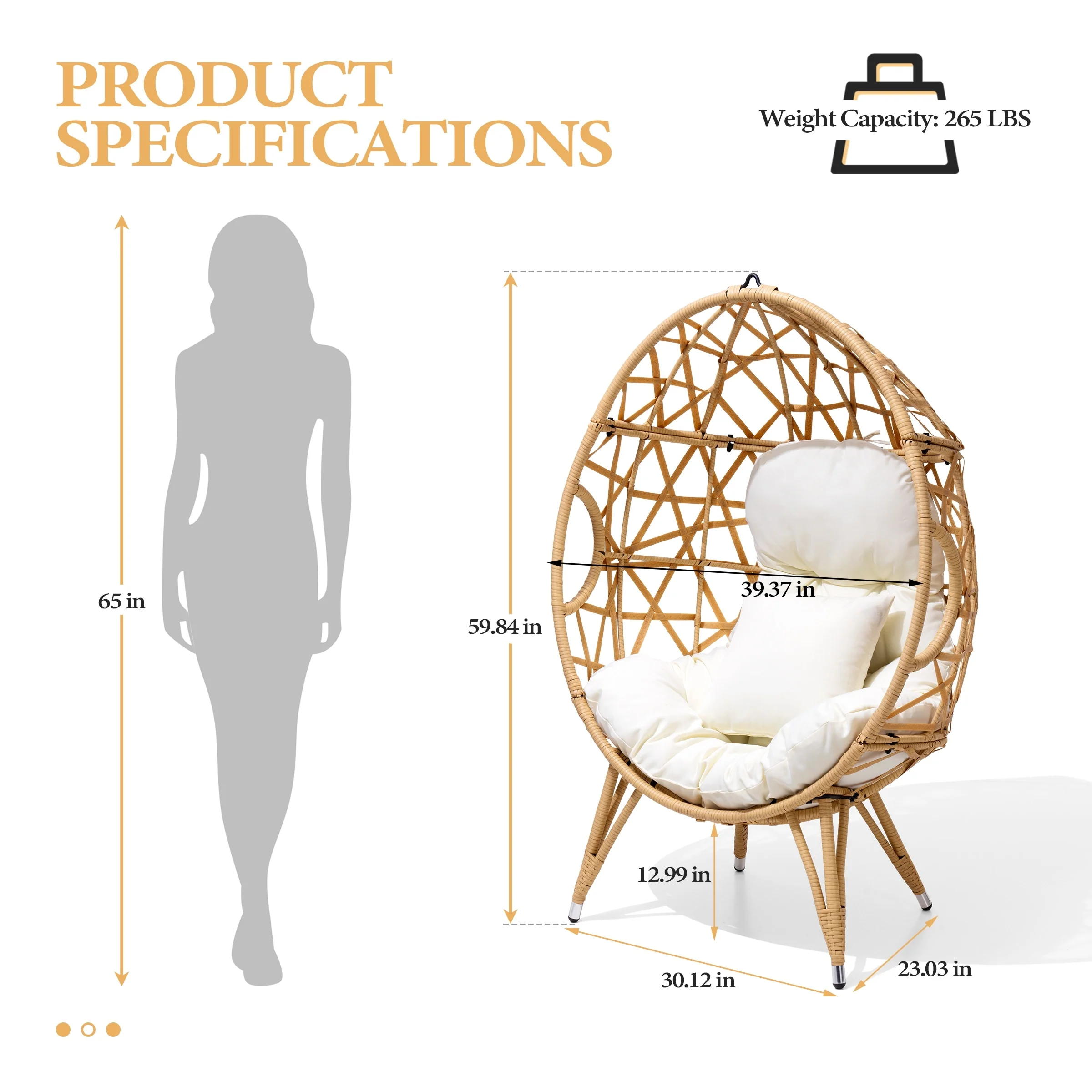 Outdoor Patio Wicker Basket Egg Chair with Cushion, Or as Hanging Chair