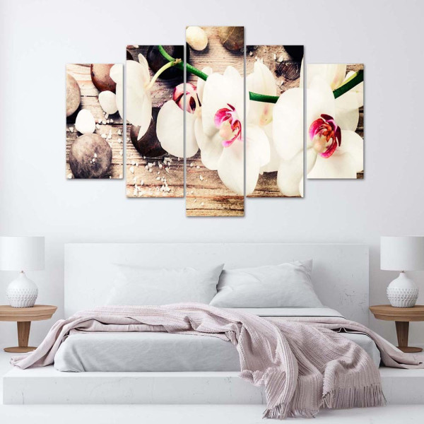 Feeby Obraz 5 częściowy Biała orchidea i kamienie 100x70