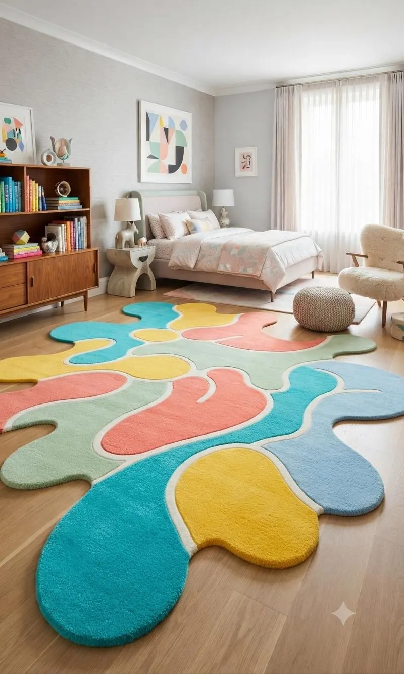 Colorful Abstract Blob Rug, Hand Tufted Wool Area Rug, Modern Organic Shape Carpet, Pastel Living Room Bedroom Decor
