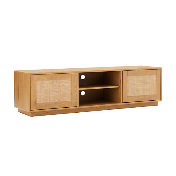 Meuble TV suspendu en bois 2 portes en rotin L160 cm bois clair Oviala