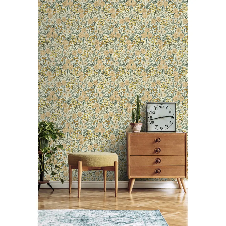 ESTAhome behang bloemen vergrijsd groen - 50 x 900 cm