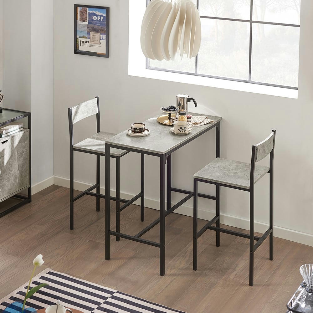 - Set de 1 table et 2 chaises de bar effet bois et métal noir