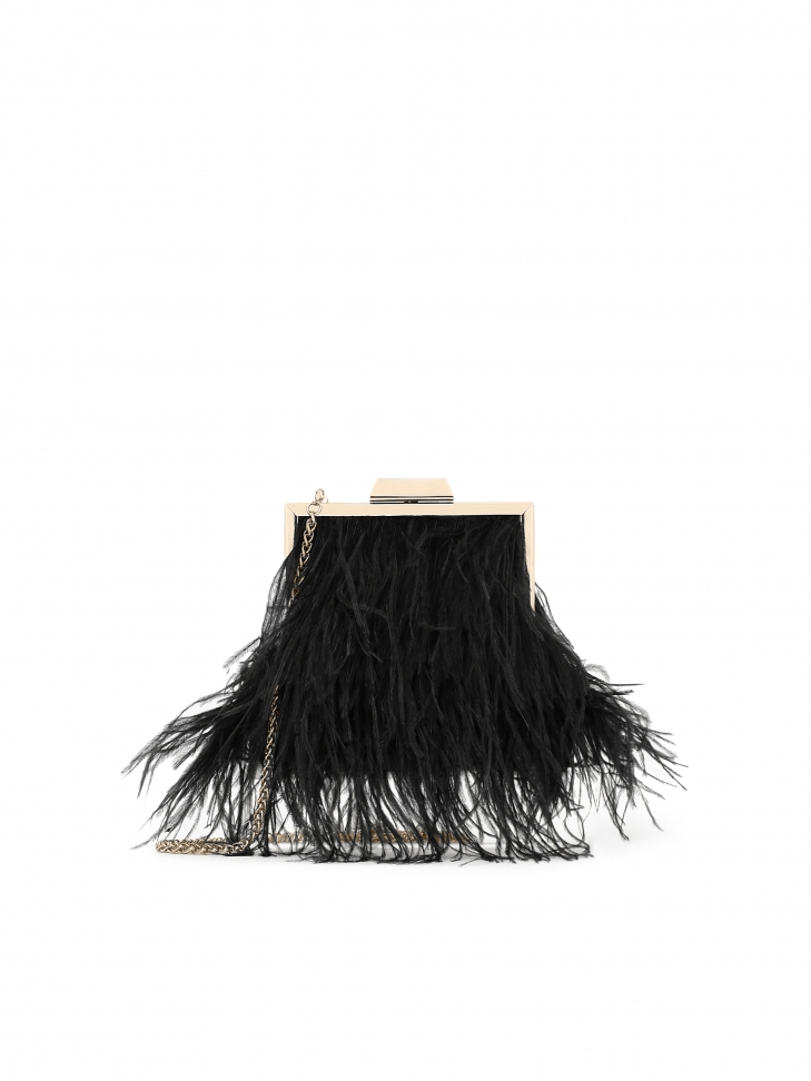 Black evening handbag with feathers