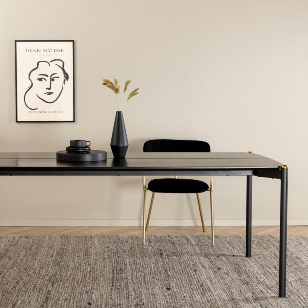 PREYA - Table à manger 190x90cm en bois noir détails dorés