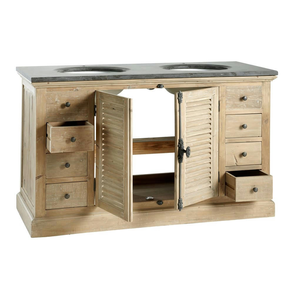 Persiennes - Meuble double vasque en pin recyclé et pierre bleue anthracite