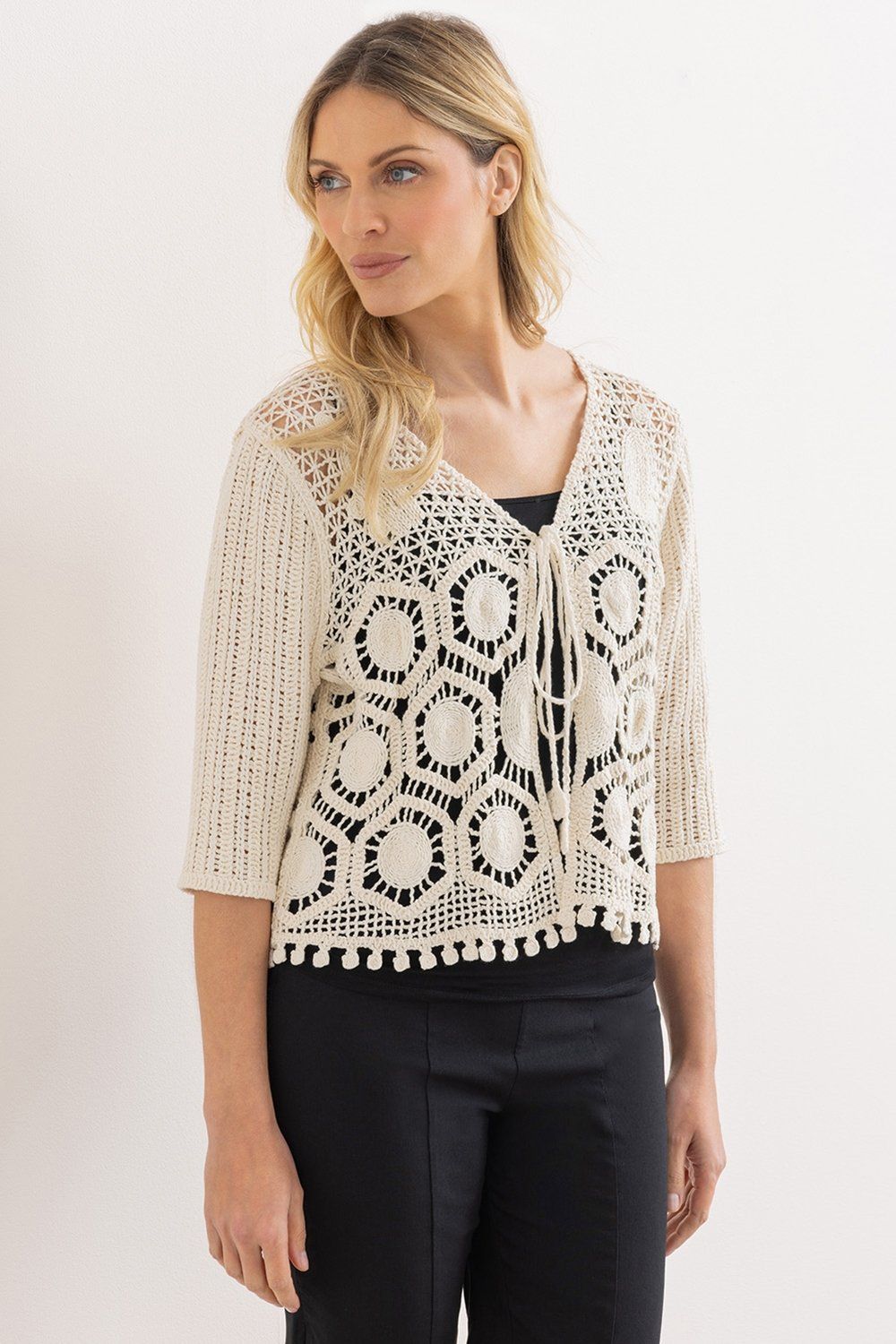 Klass. Tie Front Crochet Cardigan