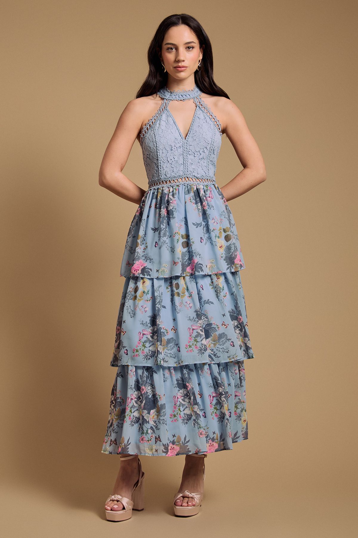 Oasis Lace Tiered Halter Neck Midi Dress