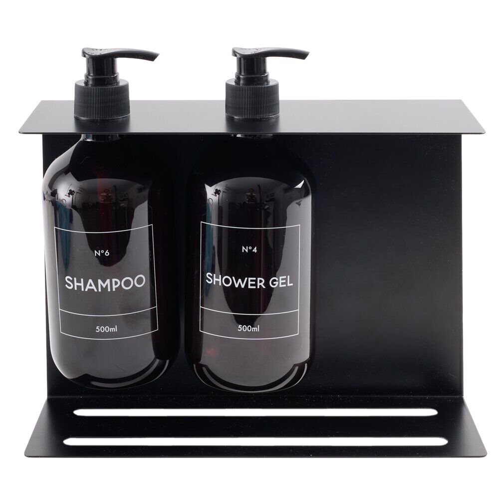 Distributeur de savon mural métal avec 2 flacons plastique 500ml noir 25x9xH22cm