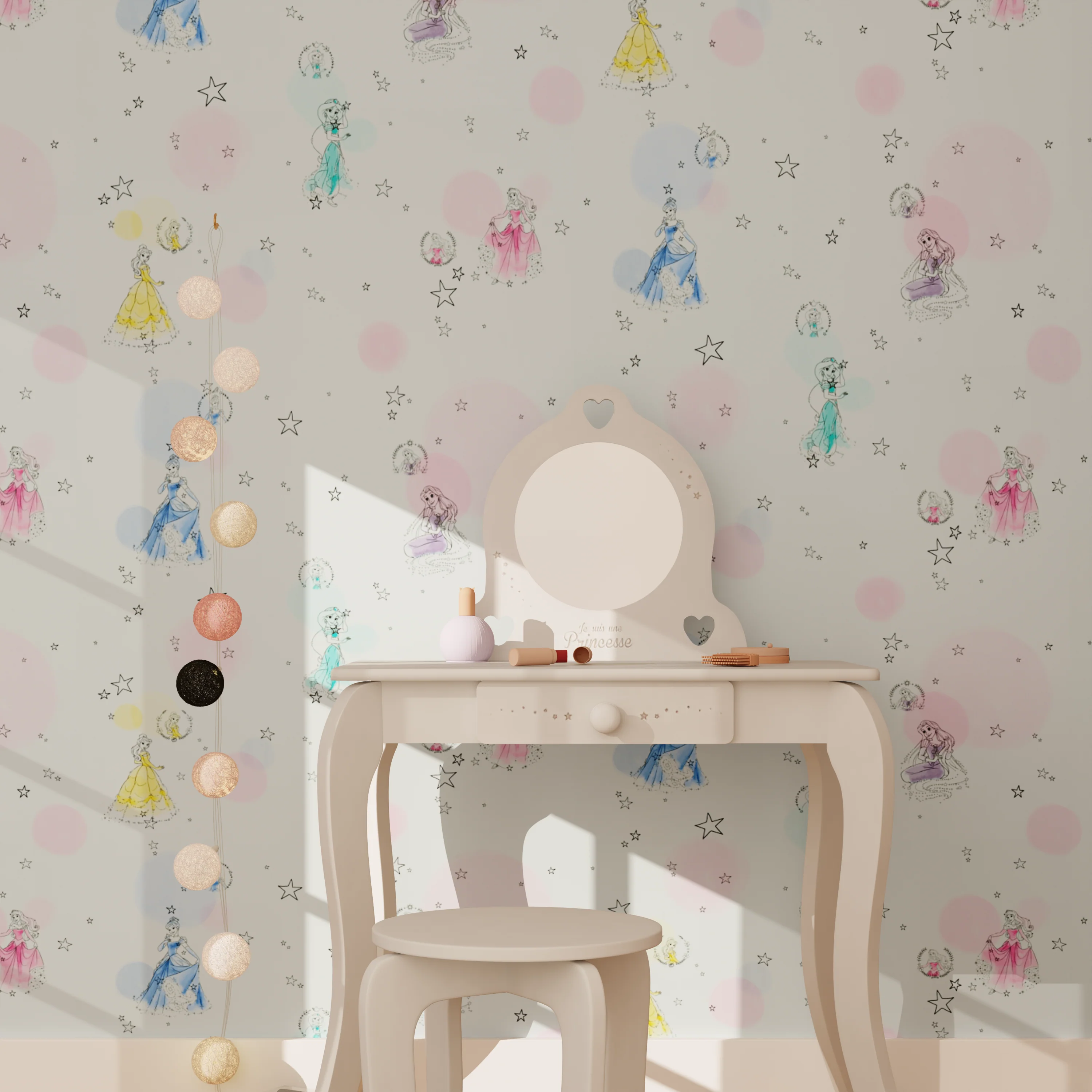 Papier peint intissé DISNEY PRINCESSES rose pastel et mauve clair