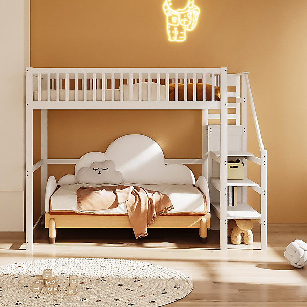 Lit Mezzanine enfant 140x200 cm avec Rangement, Escalier et Petit Dressing Intégré, Multifonction pour Chambre Ado/enfant, Blanc