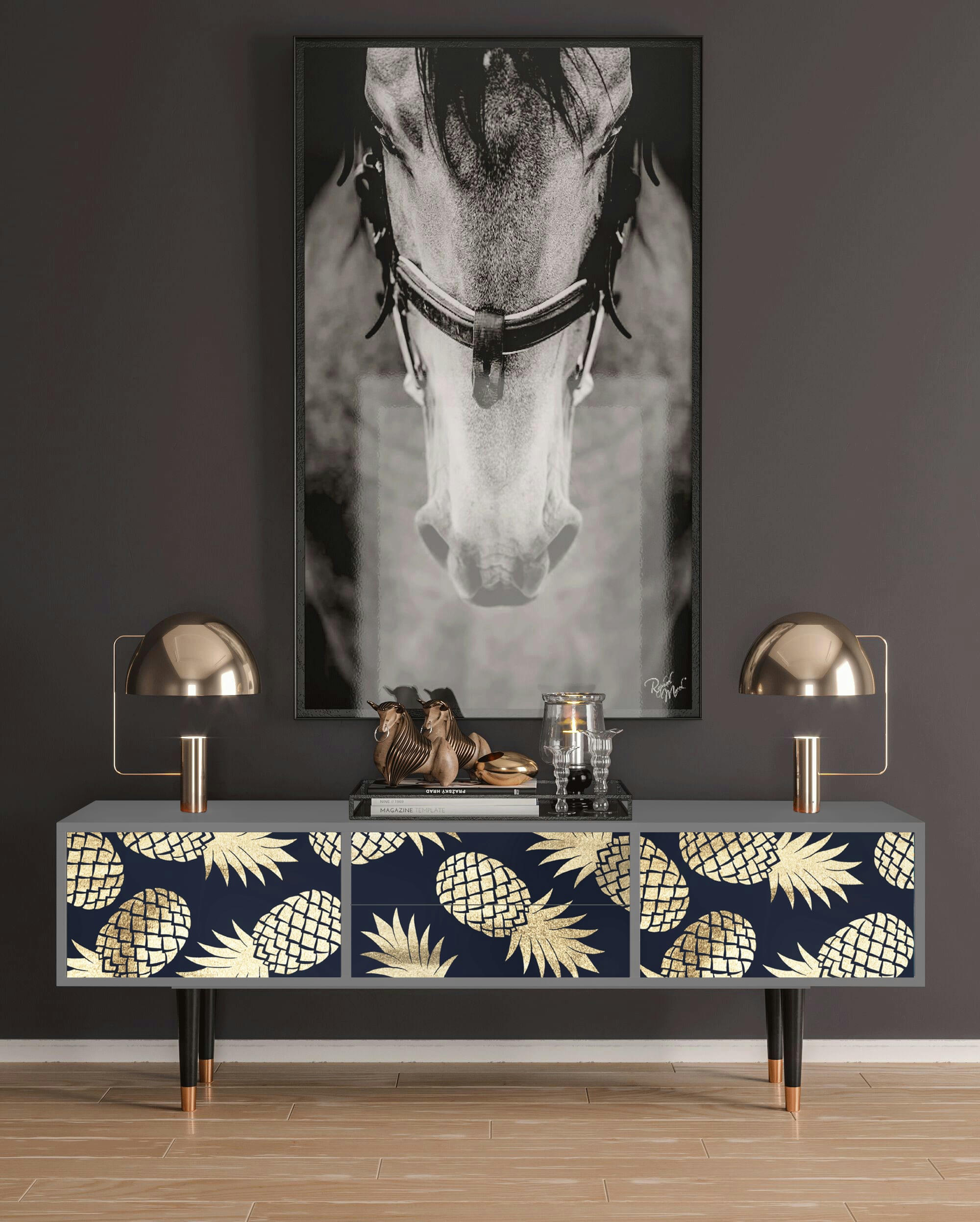 SUNNY PINEAPLE - Meuble TV  bleu et jaune 2 tiroirs et 2 portes L 170 cm