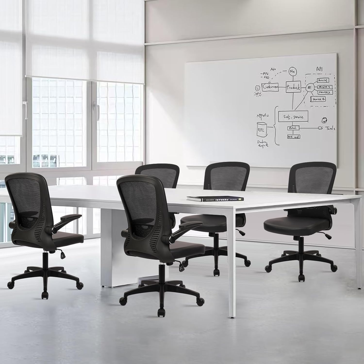 CLATINA Desk Chairs with PU Leather Seat, Flip Up Arms Ergonomic Mesh Back Office Chair with Lumbar Support, Adjustable Height Swivel Rolling Computer Chairs for Home Conference Meeting, Black, 4 Pack