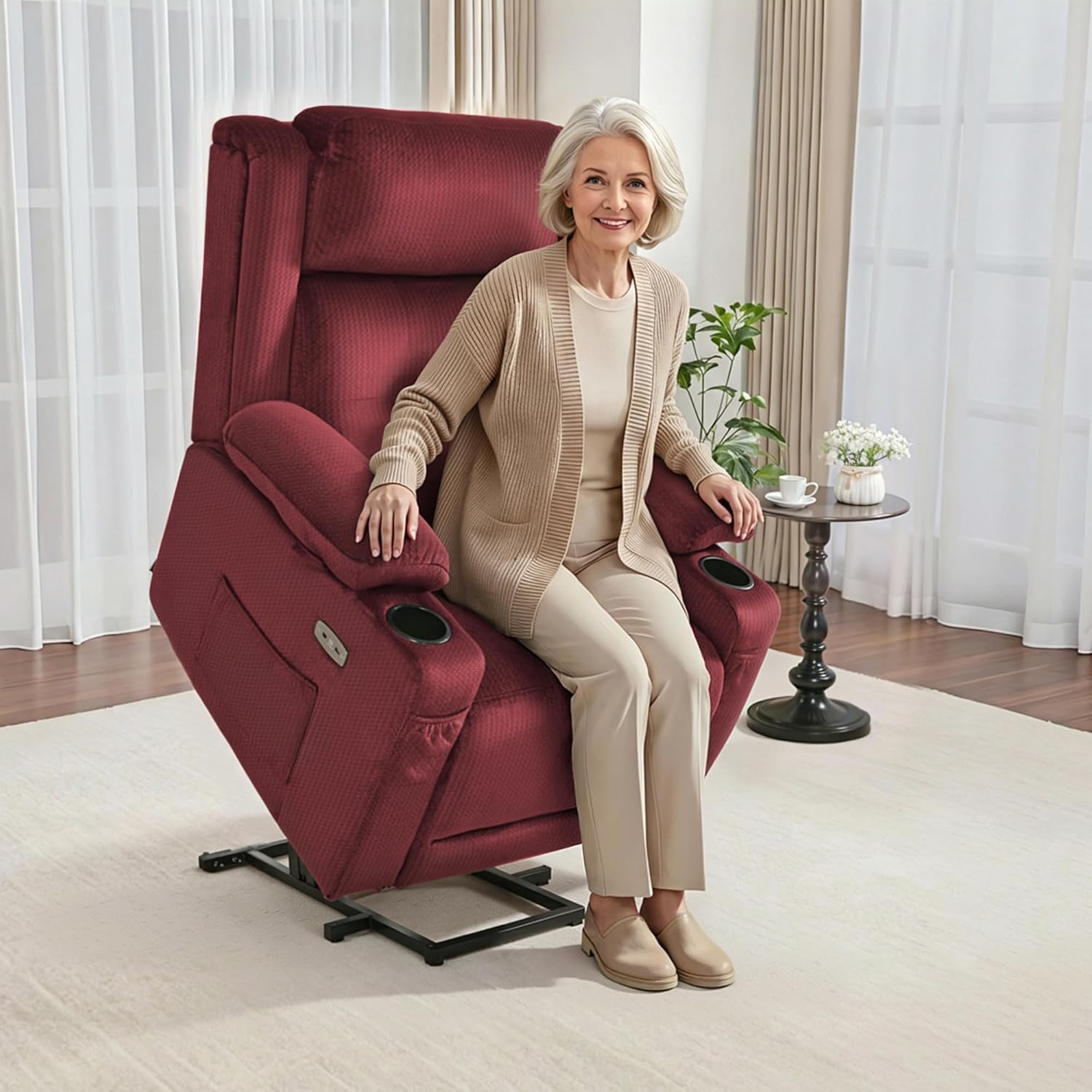 MCombo Triple Motor Power Lift Recliner with Massage and Heat, Electric Recliner Chair for Elderly People, Adjustable Headrest, Infinite Position, Cup Holders, USB Ports, Fabric 7661(Burgundy, Medium)